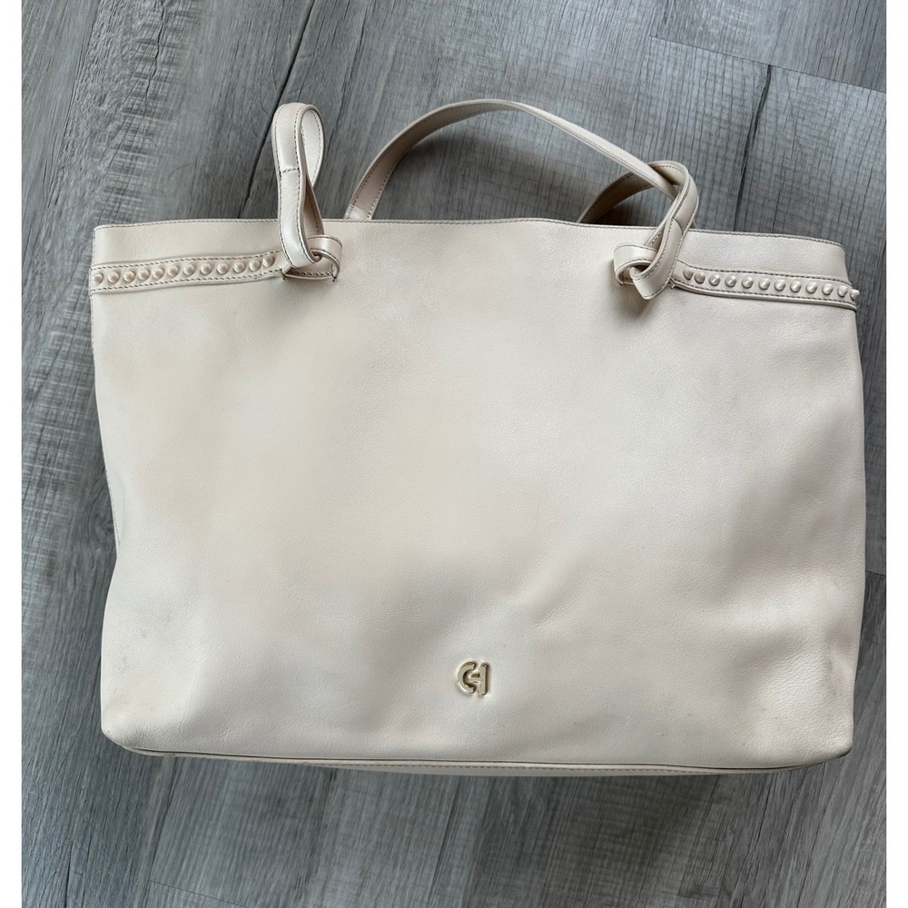 Cole Haan Women Cream Beige Leather Studded Trim Tote Shoulder Bag Logo CH